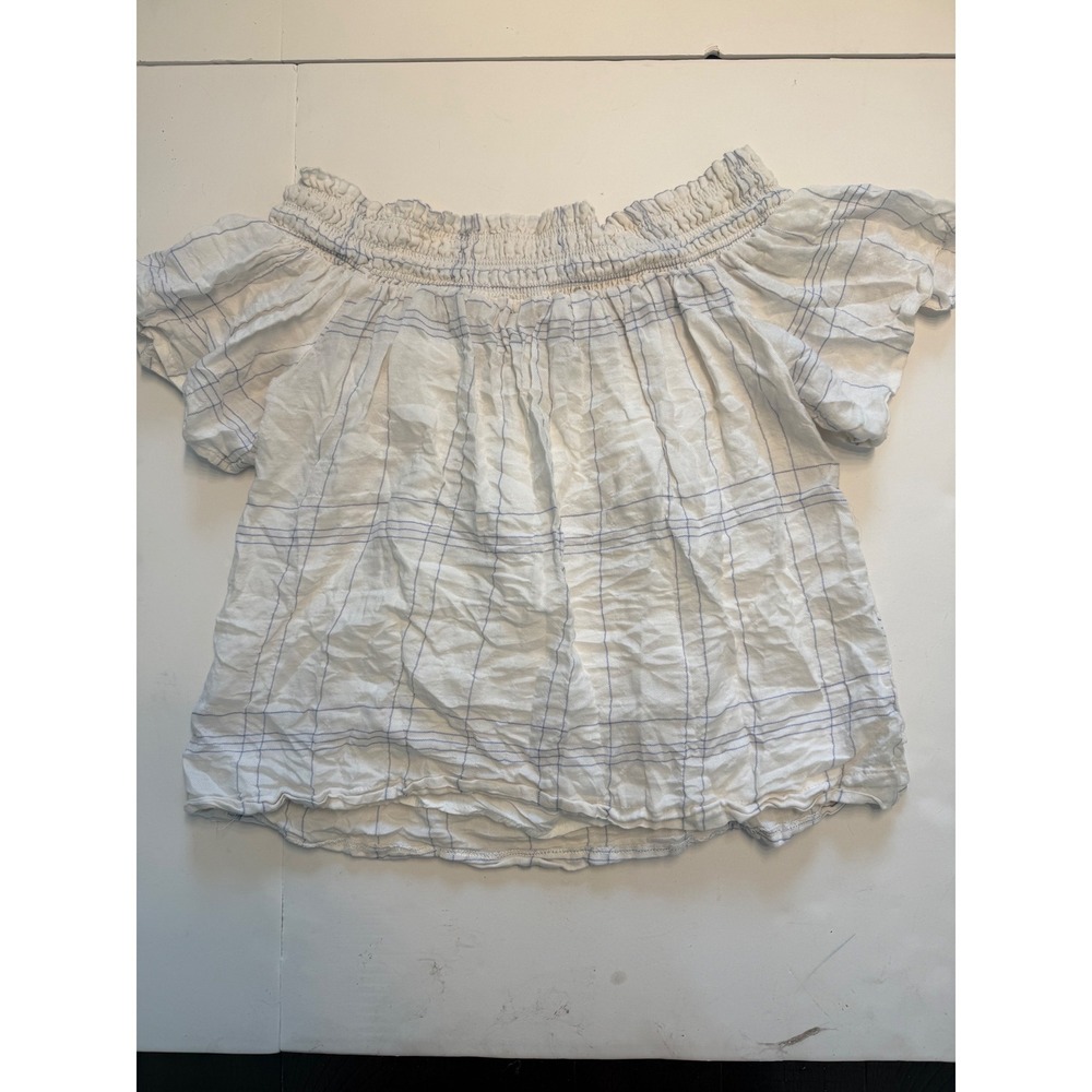LUSH Women White Blue Plaid Off Shoulder Smocked Blouse Top T16402-I Size M - Picture 6 of 6